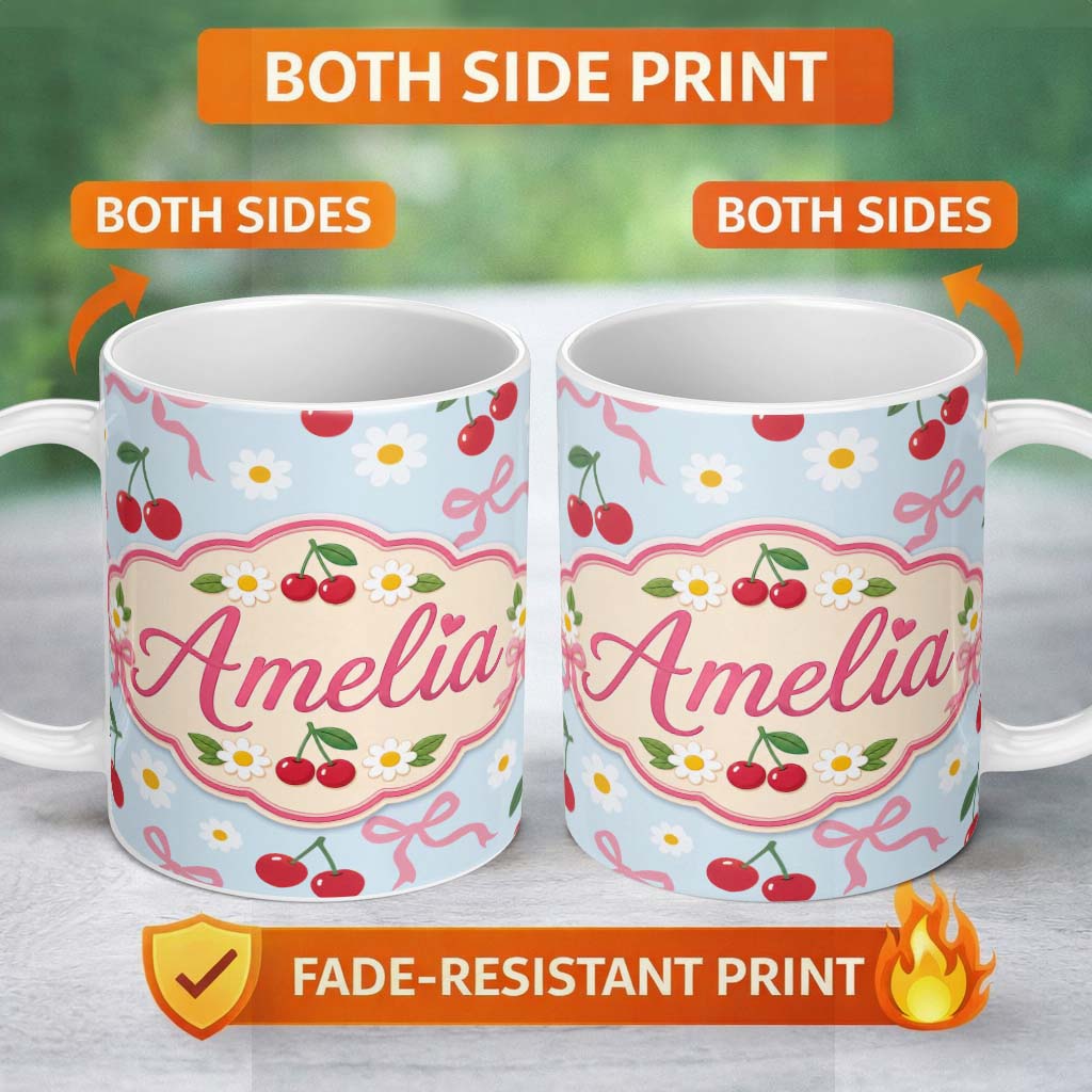 Personalized Custom Name Cute Cherries Daisies and Bows Pastel Seamless Pattern Blue Lovely 11oz Ceramic Coffee Tea Mug White Large Handle