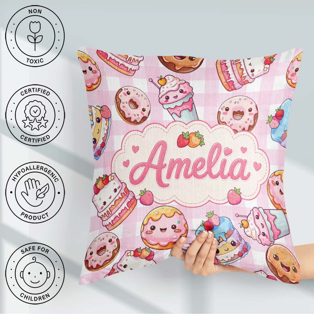 Custom Name Kawaii Donut Cake Cupcake Sweet Dessert Pattern Pink Square Filled Cushion Throw Pillow Sofa Bed Home Decor Zip Washable UK Made