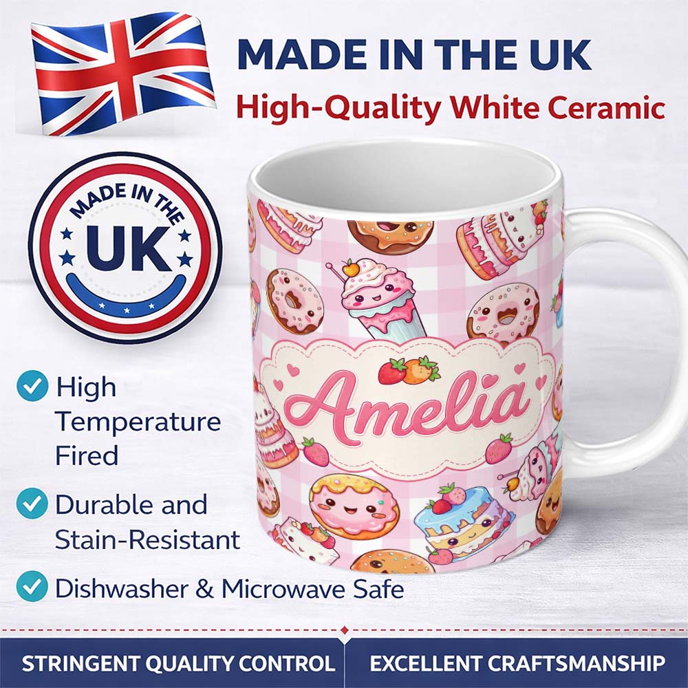 Personalized Custom Name Kawaii Donut Cake Cupcake Sweet Dessert Seamless Pattern Pink 11oz Ceramic Coffee Tea Mug White Large Handle