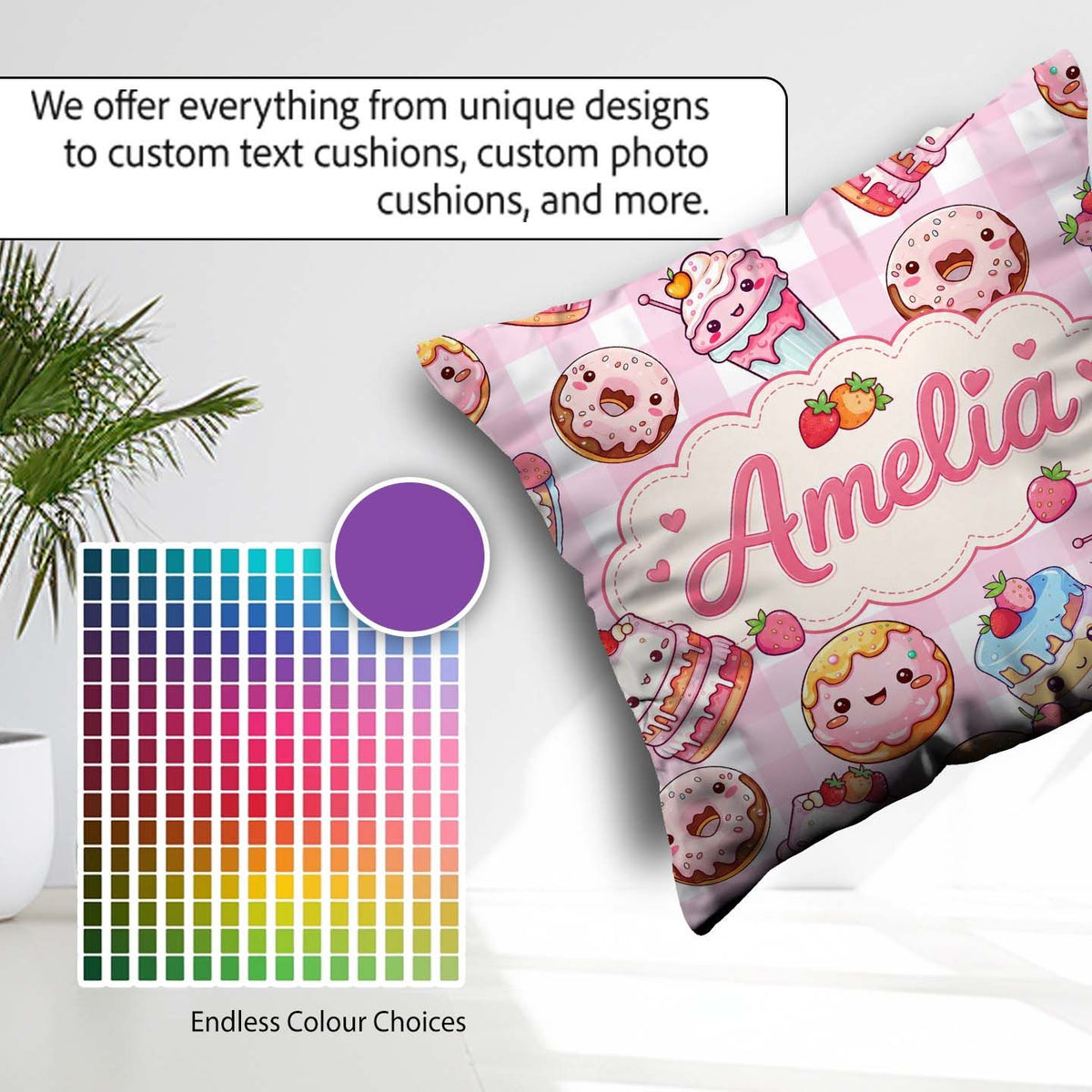 Custom Name Kawaii Donut Cake Cupcake Sweet Dessert Pattern Pink Square Filled Cushion Throw Pillow Sofa Bed Home Decor Zip Washable UK Made