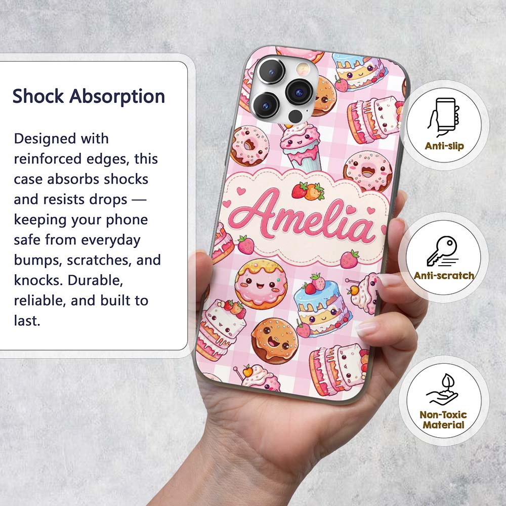 Kawaii Donut Cake Cupcake Sweet Dessert Seamless Custom Name Protective Phone Case Mobile Cover Durable Everyday Smartphone Shock Resistant
