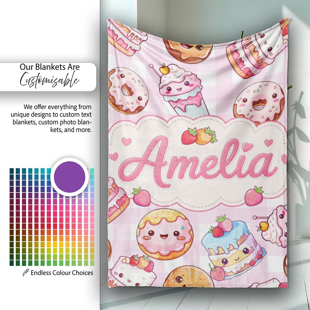 Kawaii Donut Cake Cupcake Sweet Dessert Seamless Pattern Pink Personalised Custom Name Super Soft Fleece Blanket Bed Sofa Throw