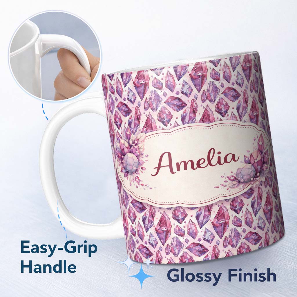 Personalized Custom Name Purple Pink Watercolor Crystal Gem Seamless Pattern Cute Unique Gift 11oz Ceramic Coffee Tea Mug White Large Handle