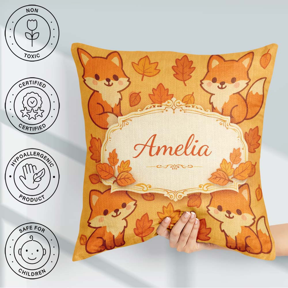 Custom Name Cute Autumn Fox Cartoon Animal Pattern Everyday Square Filled Cushion Throw Pillow Sofa Bed Home Decor Zip Washable UK Made
