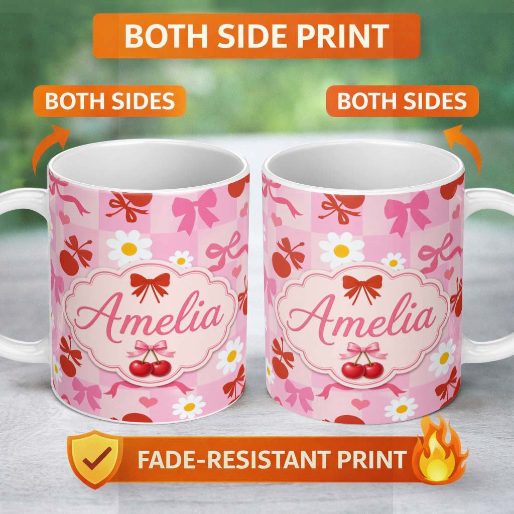 Personalized Custom Name Cute Cherry Bow Daisy Heart Seamless Pattern on Soft Pink Gingham 11oz Ceramic Coffee Tea Mug White Large Handle