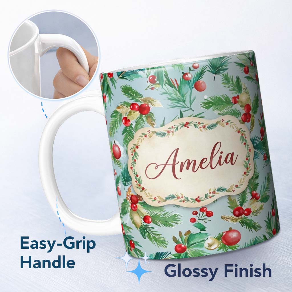 Personalized Custom Name Watercolor Christmas Wreath Holly Berry Pine Branch Seamless Pattern 11oz Ceramic Coffee Tea Mug White Large Handle