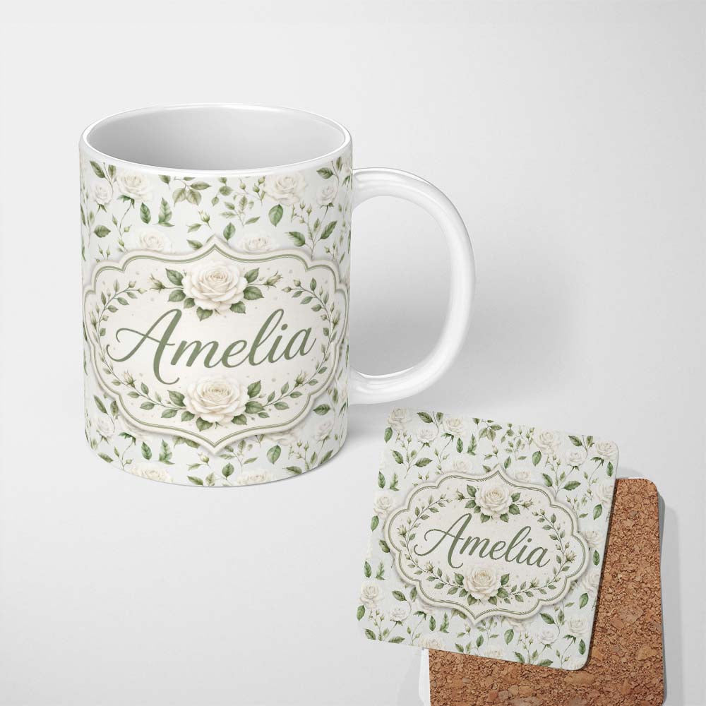Personalized Custom Name Delicate White Roses and Leaves Minimal Botanical Seamless Pattern 11oz Ceramic Coffee Tea Mug White Large Handle