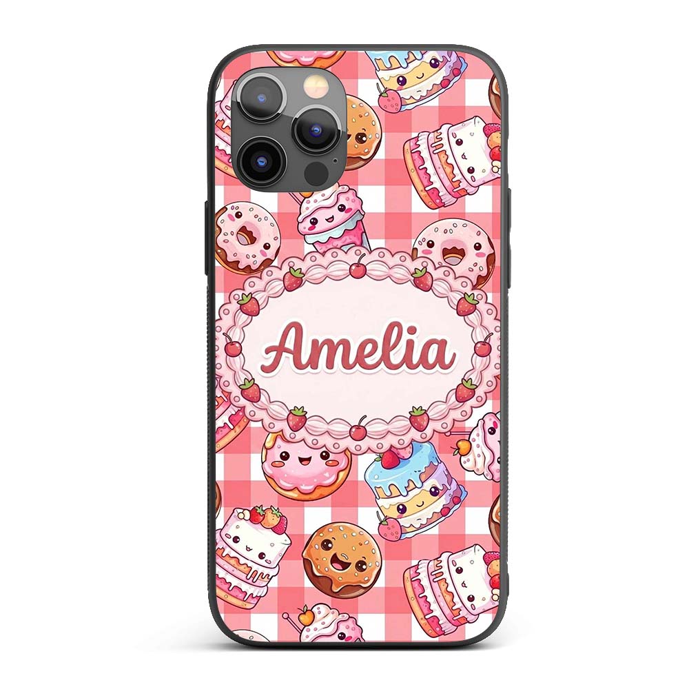 Kawaii Donut Cake Cupcake Sweet Dessert Seamless Custom Name Protective Phone Case Mobile Cover Durable Everyday Smartphone Shock Resistant