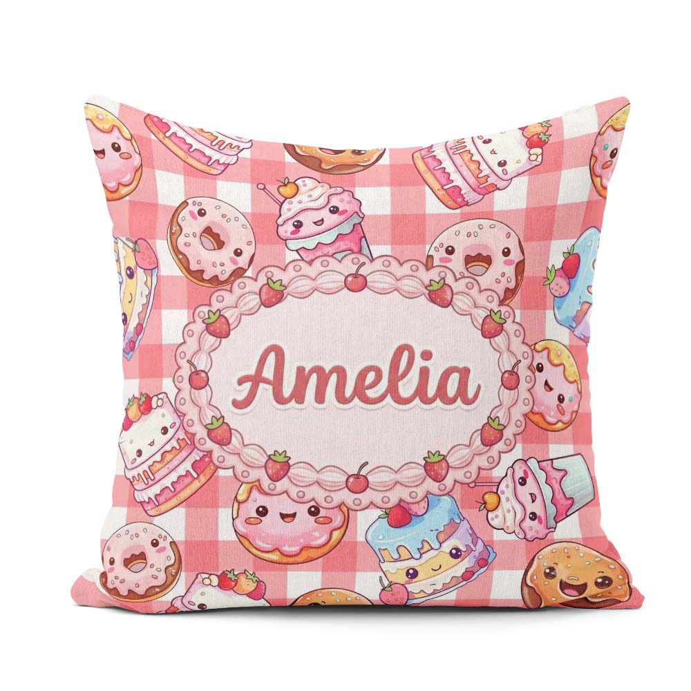 Custom Name Kawaii Donut Cake Cupcake Sweet Dessert Seamless Red Square Filled Cushion Throw Pillow Sofa Bed Home Decor Zip Washable UK Made