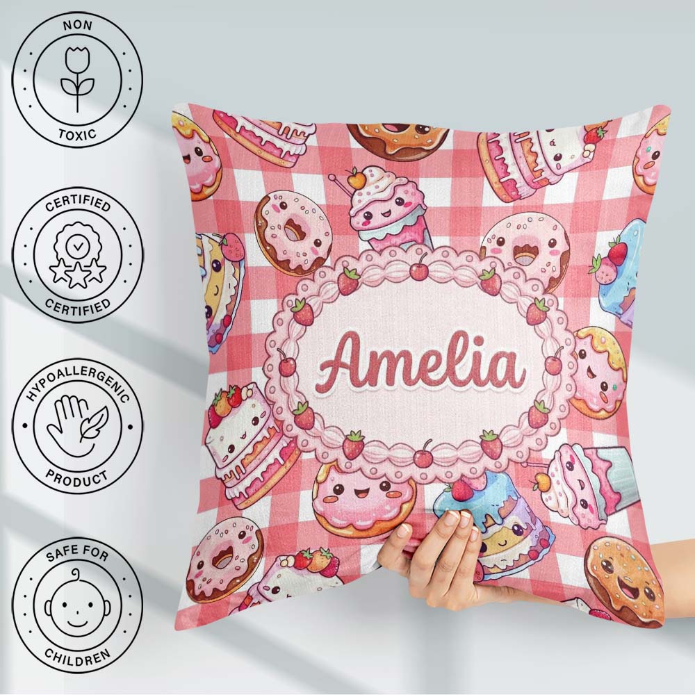 Custom Name Kawaii Donut Cake Cupcake Sweet Dessert Seamless Red Square Filled Cushion Throw Pillow Sofa Bed Home Decor Zip Washable UK Made