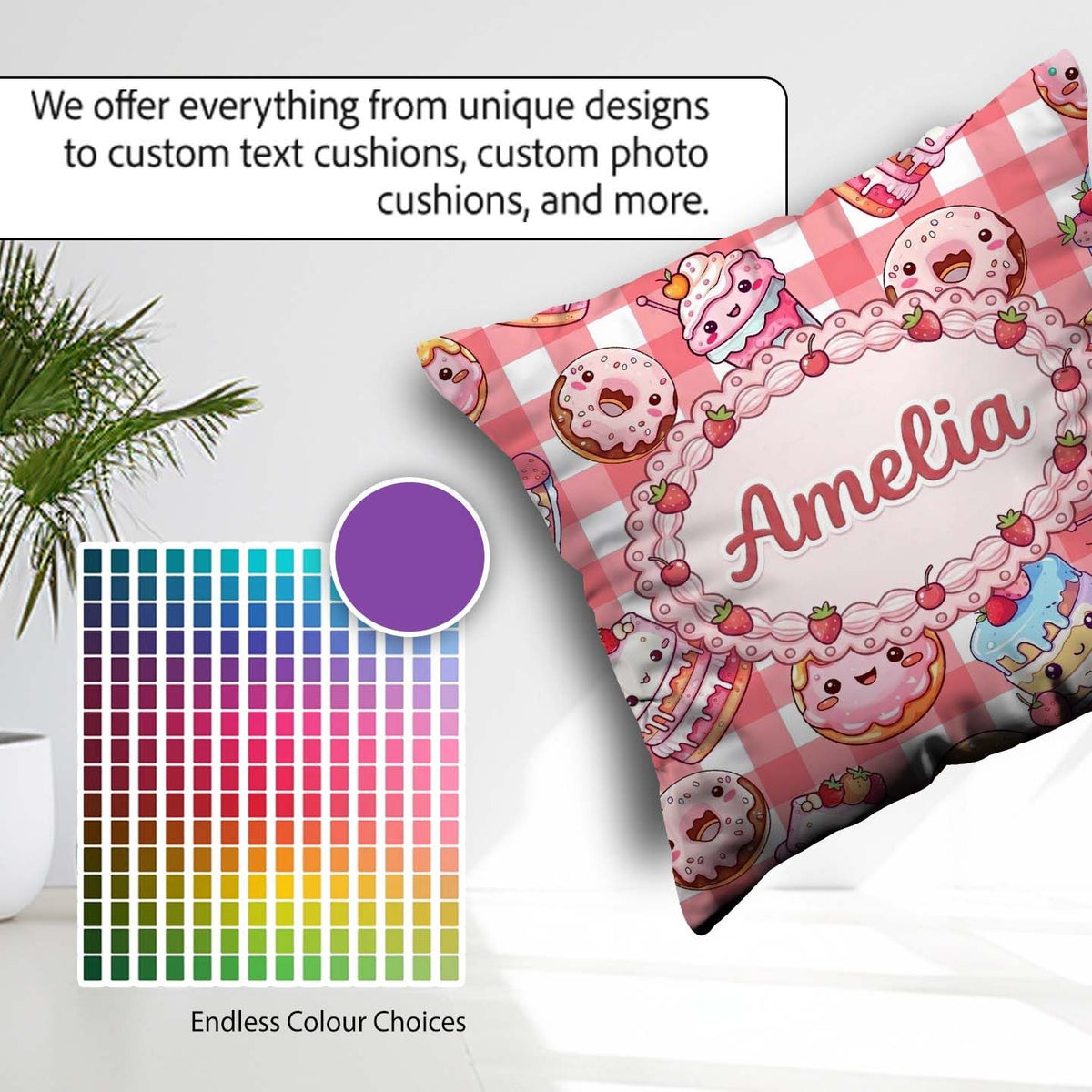 Custom Name Kawaii Donut Cake Cupcake Sweet Dessert Seamless Red Square Filled Cushion Throw Pillow Sofa Bed Home Decor Zip Washable UK Made