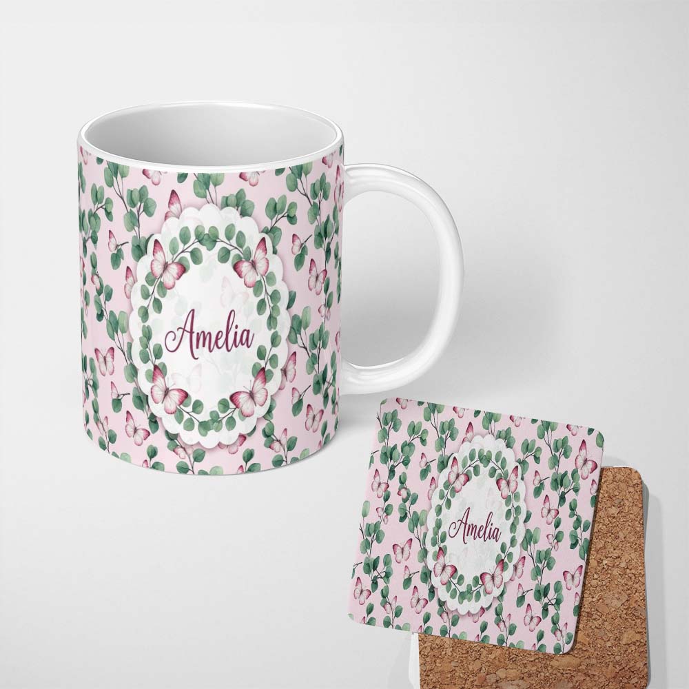 Personalized Custom Name Kawaii Donut Cake Cupcake Sweet Dessert Seamless Pattern Yellow 11oz Ceramic Coffee Tea Mug White Large Handle