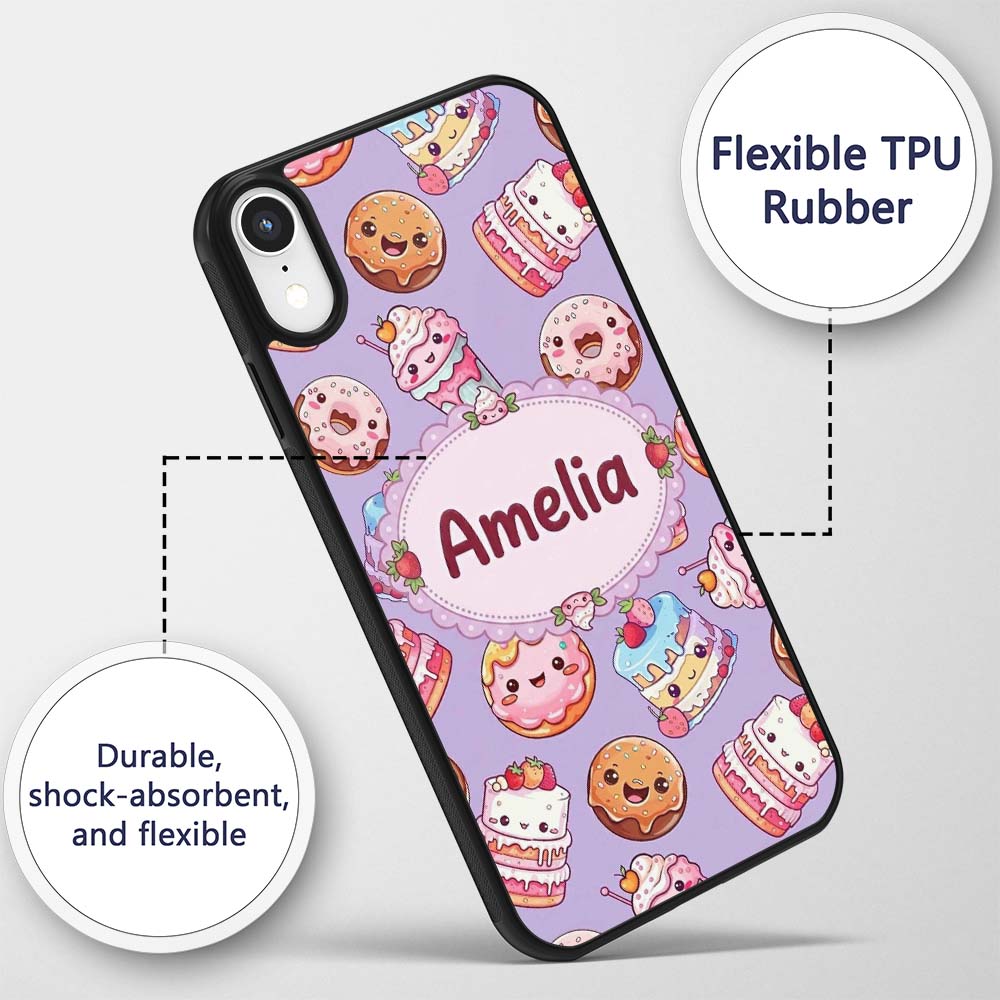 Kawaii Donut Cake Cupcake Sweet Dessert Seamless Custom Name Protective Phone Case Mobile Cover Durable Everyday Smartphone Shock Resistant