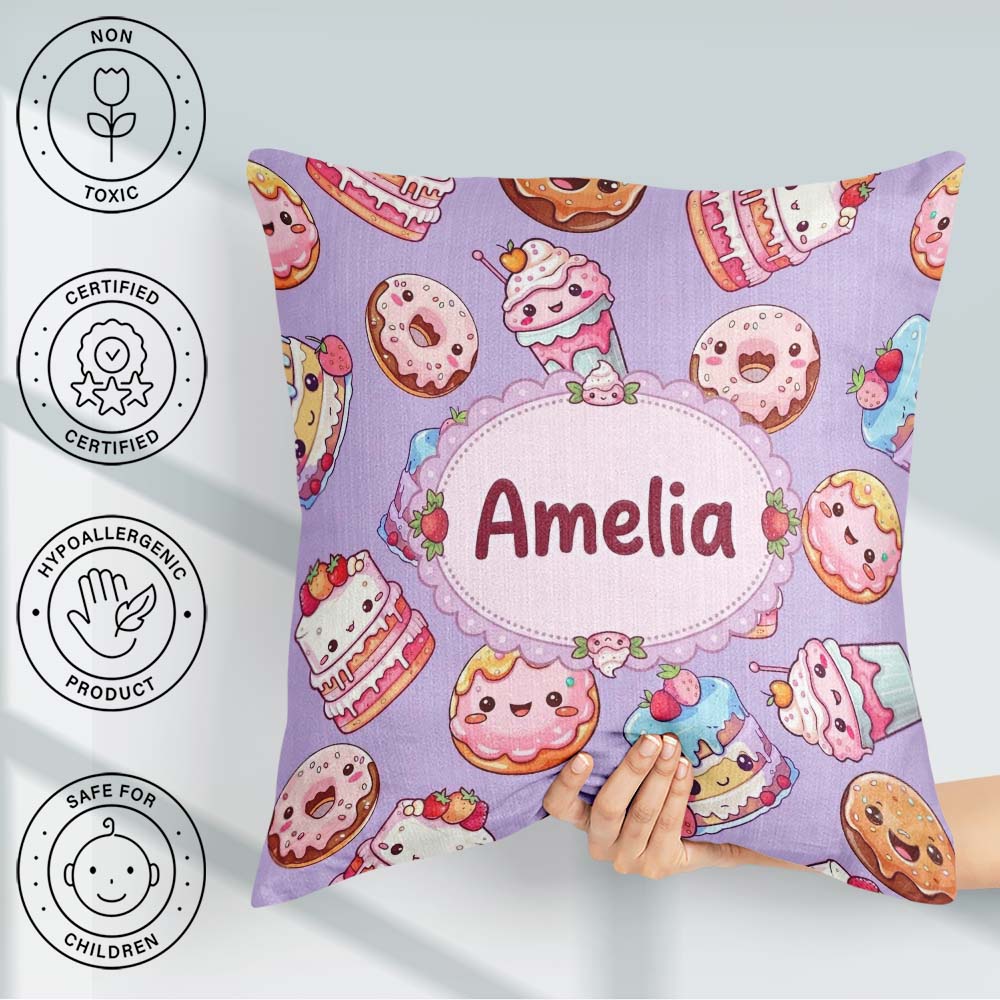 Custom Name Kawaii Donut Cupcake Sweet Dessert Seamless Lavender Square Filled Cushion Throw Pillow Sofa Bed Home Decor Zip Washable UK Made