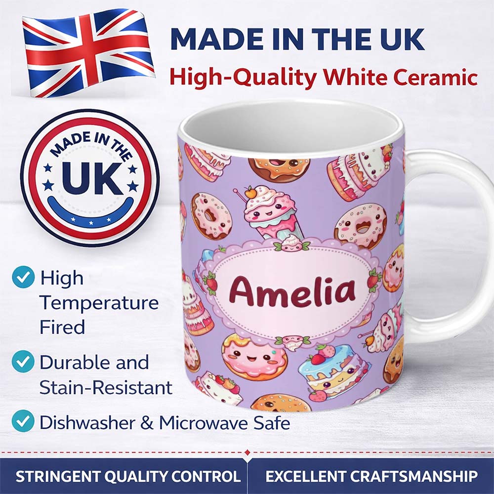 Personalized Custom Name Kawaii Donut Cake Cupcake Sweet Dessert Seamless Pattern Lavender 11oz Ceramic Coffee Tea Mug White Large Handle