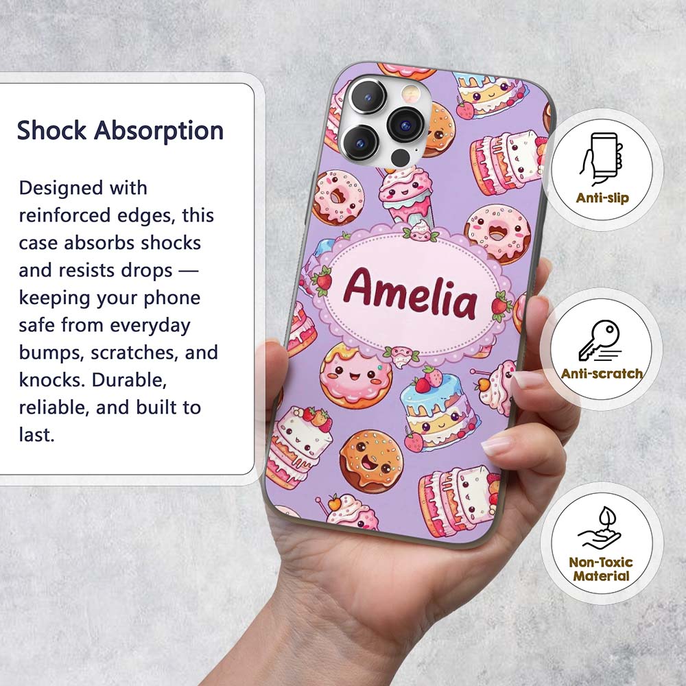 Kawaii Donut Cake Cupcake Sweet Dessert Seamless Custom Name Protective Phone Case Mobile Cover Durable Everyday Smartphone Shock Resistant