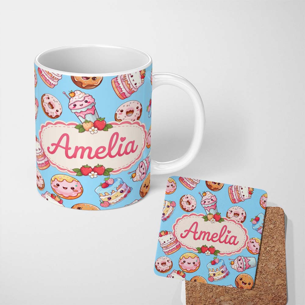 Personalized Custom Name Cute Kawaii Donut Cake Cupcake Sweet Dessert Seamless Pattern Blue 11oz Ceramic Coffee Tea Mug White Large Handle