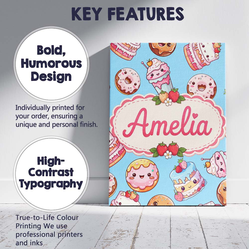 Personalised Name Cute Kawaii Donut Cake Custom Unique Gift Idea Elegant Feature Canvas Wall Art Print Decor Picture Ready to Hang