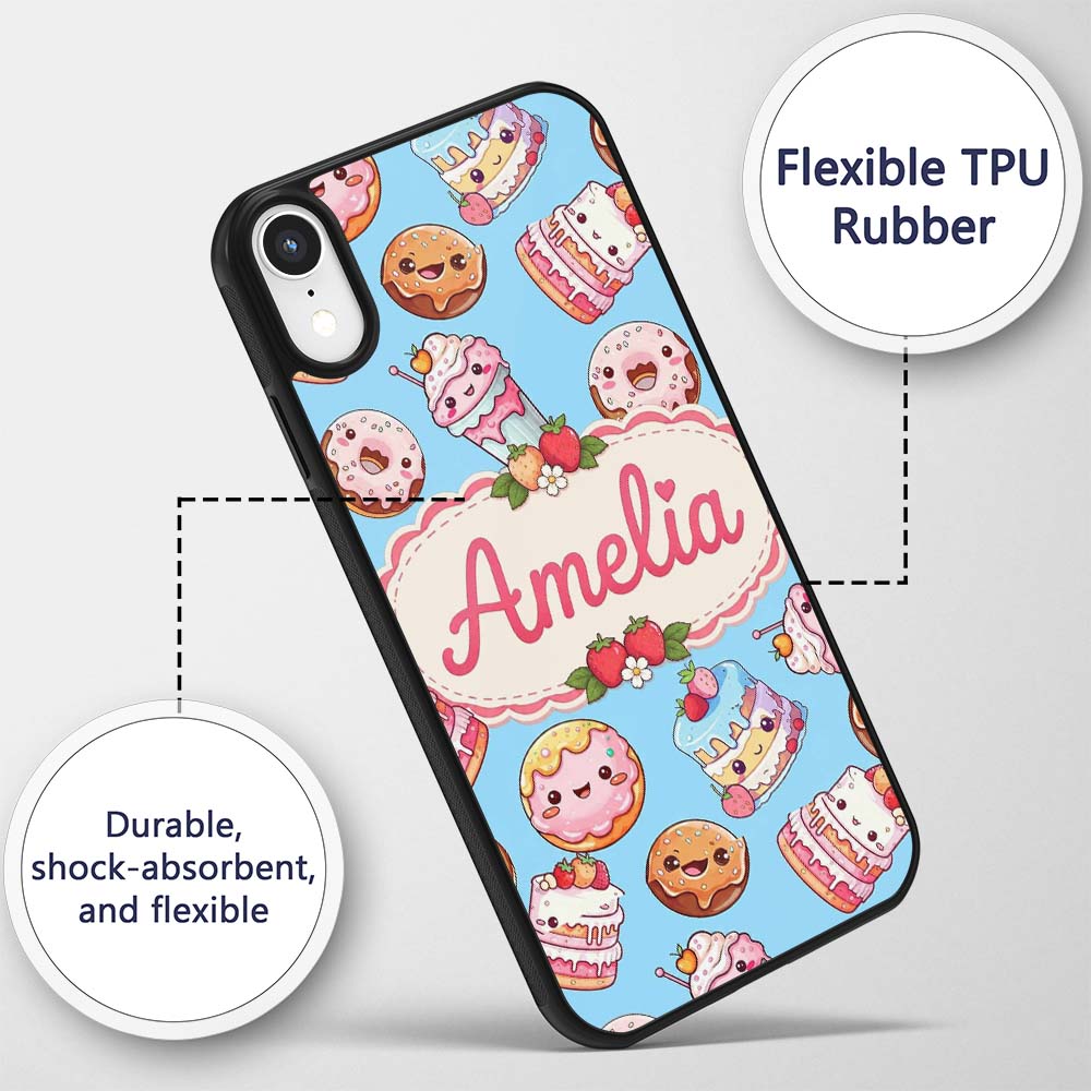 Cute Kawaii Donut Cake Cupcake Sweet Dessert Custom Name Protective Phone Case Mobile Cover Durable Everyday Smartphone Shock Resistant