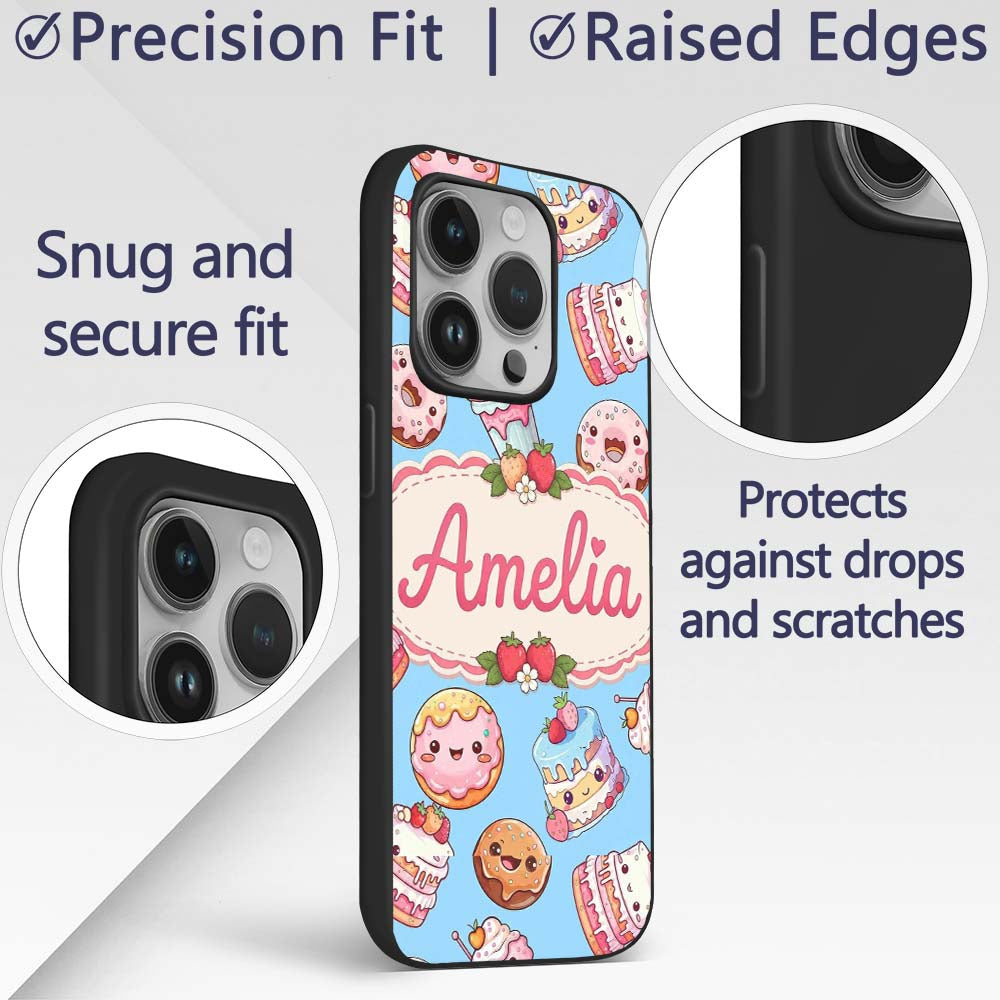 Cute Kawaii Donut Cake Cupcake Sweet Dessert Custom Name Protective Phone Case Mobile Cover Durable Everyday Smartphone Shock Resistant