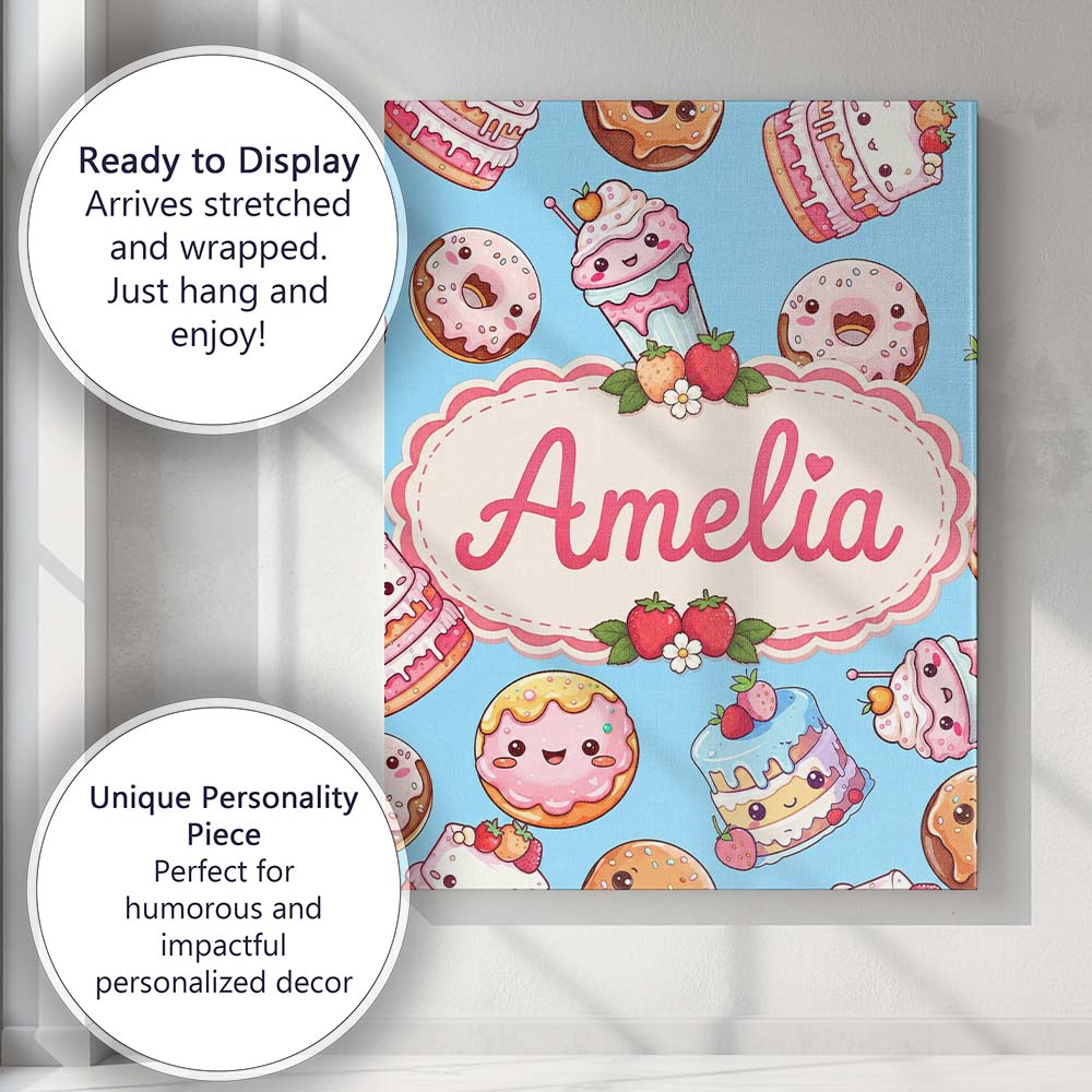 Personalised Name Cute Kawaii Donut Cake Custom Unique Gift Idea Elegant Feature Canvas Wall Art Print Decor Picture Ready to Hang