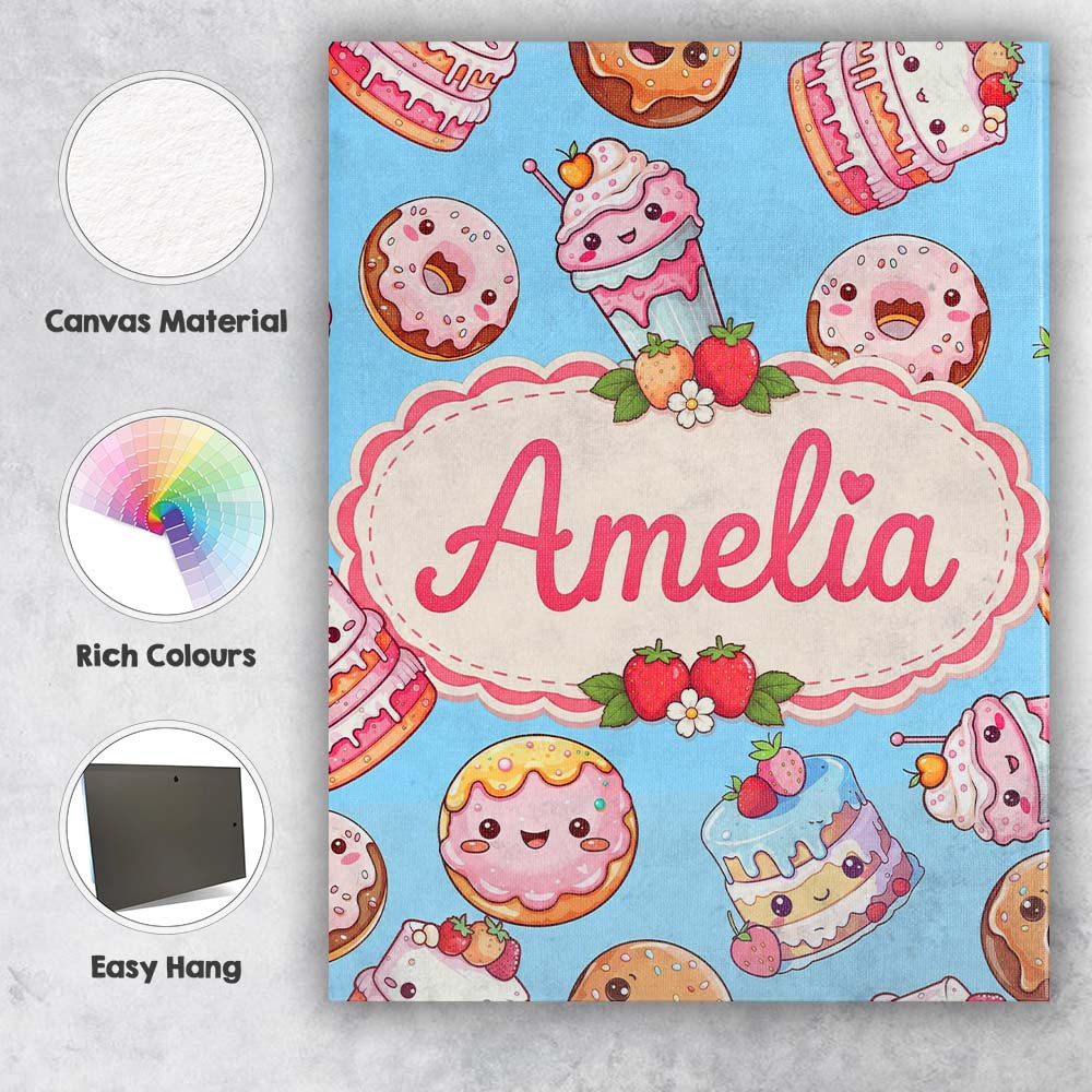 Personalised Name Cute Kawaii Donut Cake Custom Unique Gift Idea Elegant Feature Canvas Wall Art Print Decor Picture Ready to Hang