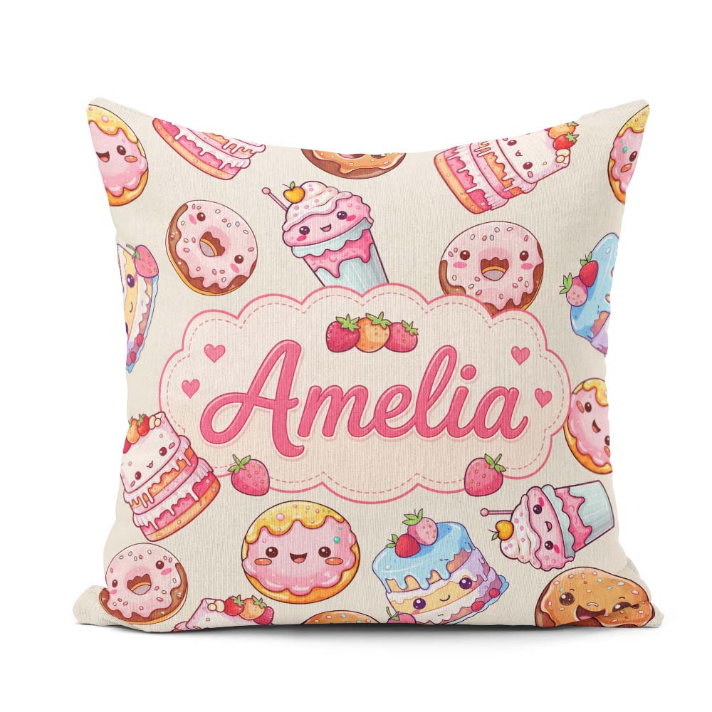 Custom Name Cute Kawaii Donut Cake Cupcake Sweet Dessert Pattern Square Filled Cushion Throw Pillow Sofa Bed Home Decor Zip Washable UK Made