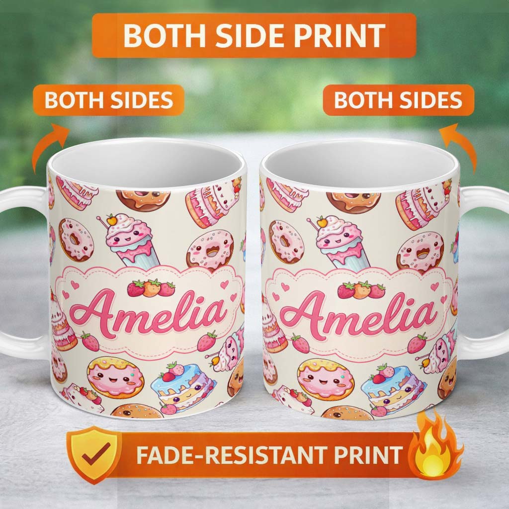 Personalized Custom Name Cute Kawaii Donut Cake Cupcake Sweet Dessert Seamless Pattern Beige 11oz Ceramic Coffee Tea Mug White Large Handle