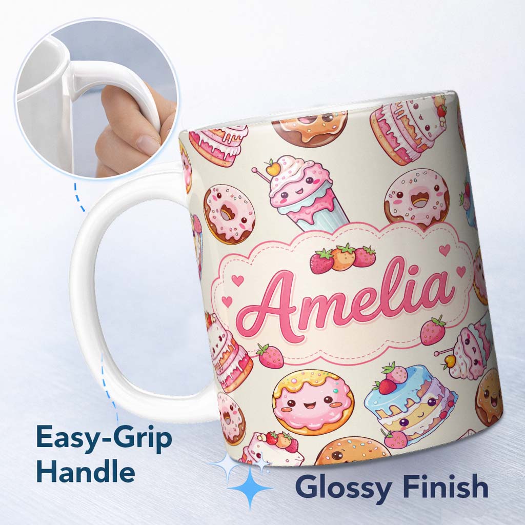 Personalized Custom Name Cute Kawaii Donut Cake Cupcake Sweet Dessert Seamless Pattern Beige 11oz Ceramic Coffee Tea Mug White Large Handle