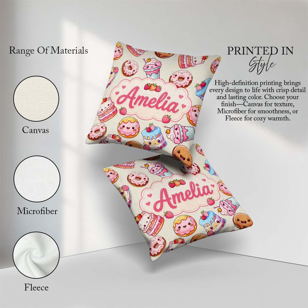 Custom Name Cute Kawaii Donut Cake Cupcake Sweet Dessert Pattern Square Filled Cushion Throw Pillow Sofa Bed Home Decor Zip Washable UK Made