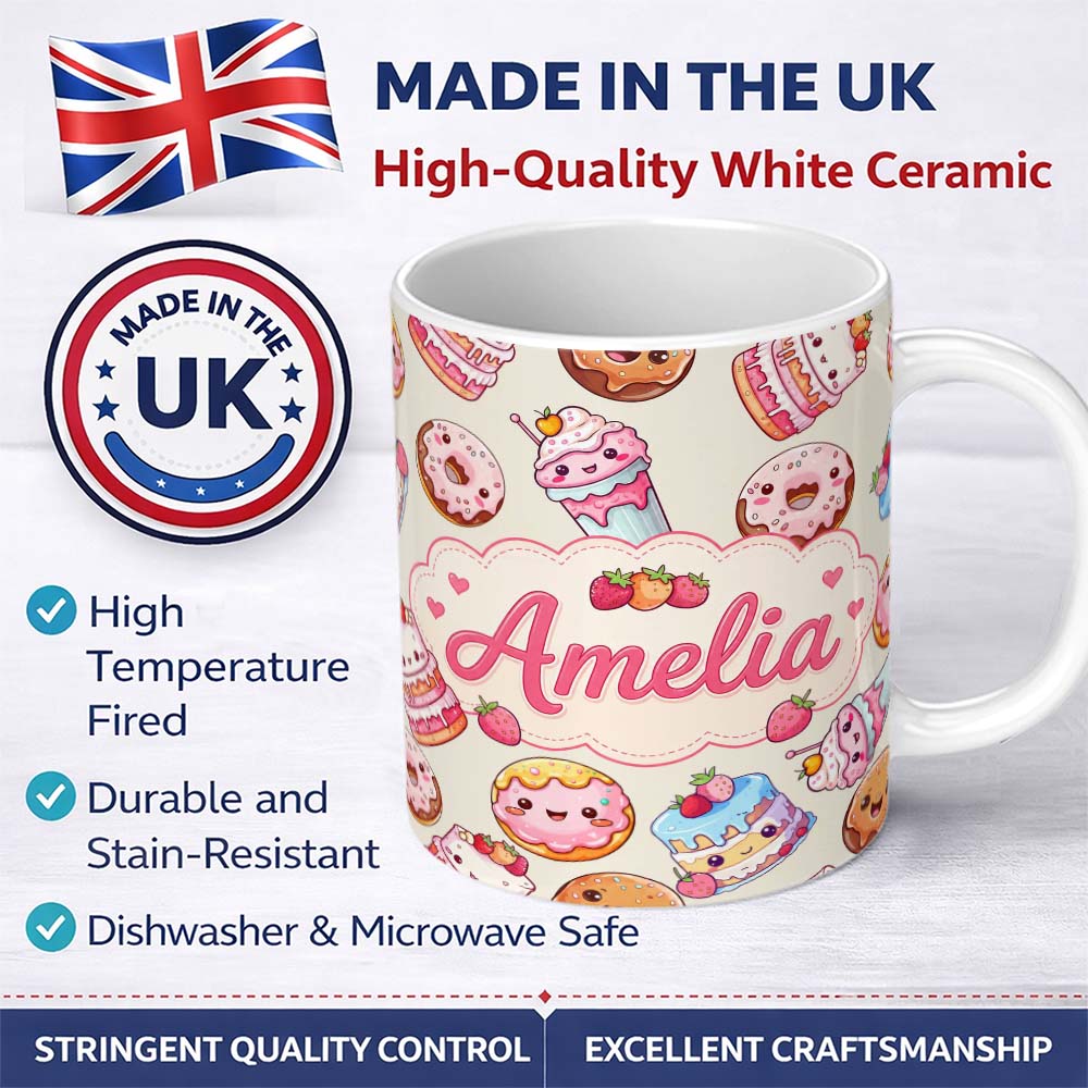 Personalized Custom Name Cute Kawaii Donut Cake Cupcake Sweet Dessert Seamless Pattern Beige 11oz Ceramic Coffee Tea Mug White Large Handle
