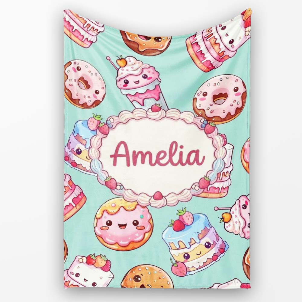 Cute Kawaii Donut Cake Cupcake Sweet Dessert Seamless Pattern Teal Personalised Custom Name Super Soft Fleece Blanket Bed Sofa Throw