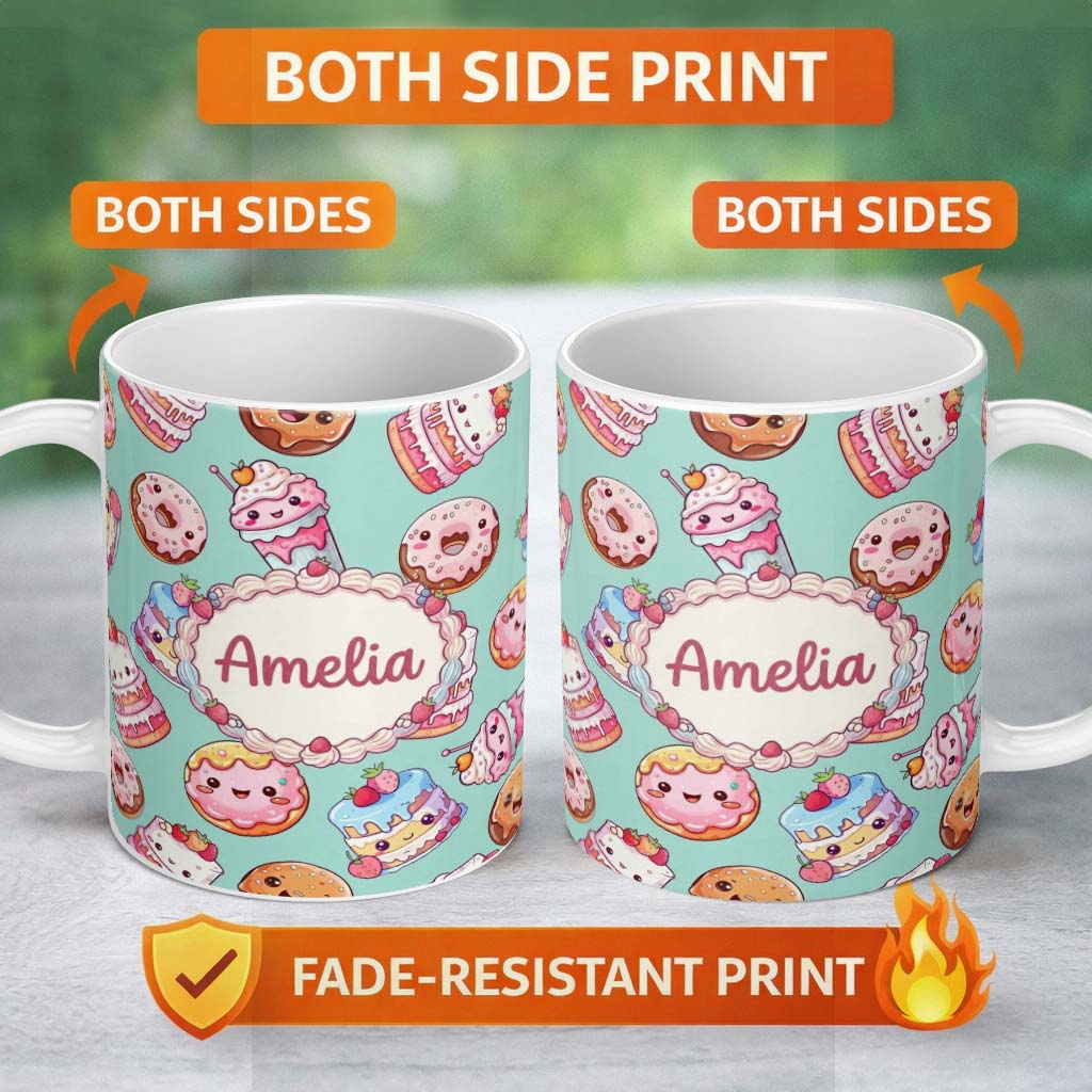 Personalized Custom Name Cute Kawaii Donut Cake Cupcake Sweet Dessert Seamless Pattern Teal 11oz Ceramic Coffee Tea Mug White Large Handle