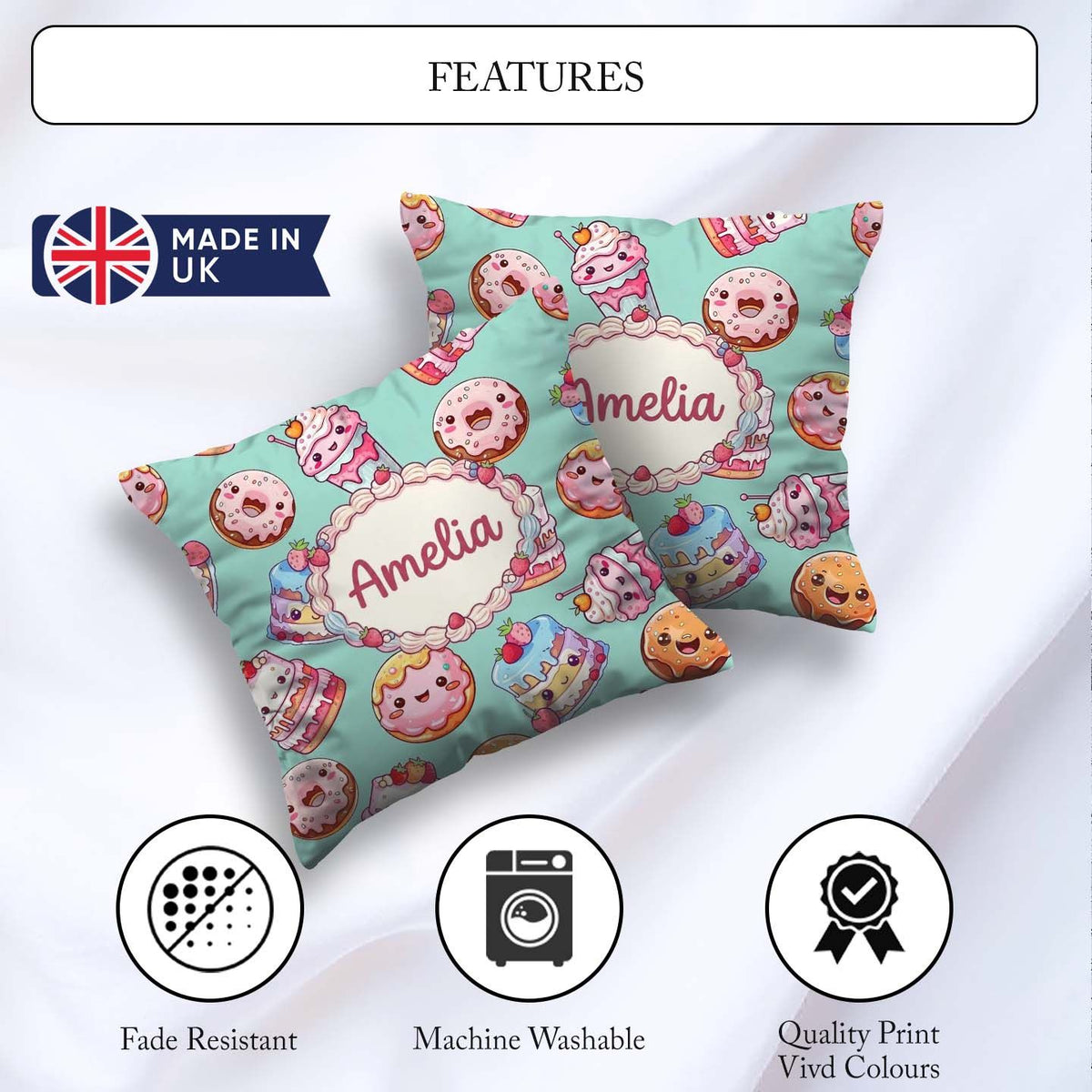 Custom Name Kawaii Donut Cake Cupcake Sweet Dessert Pattern Teal Square Filled Cushion Throw Pillow Sofa Bed Home Decor Zip Washable UK Made