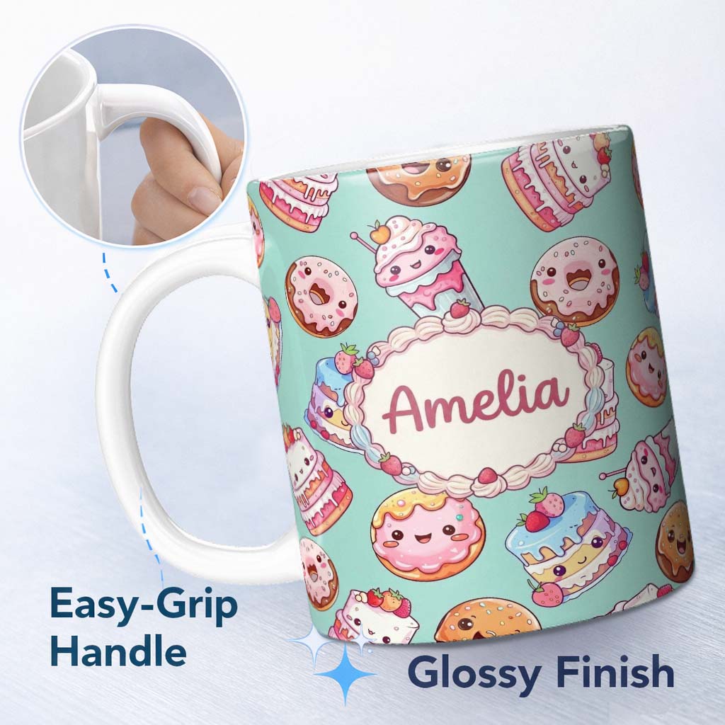 Personalized Custom Name Cute Kawaii Donut Cake Cupcake Sweet Dessert Seamless Pattern Teal 11oz Ceramic Coffee Tea Mug White Large Handle