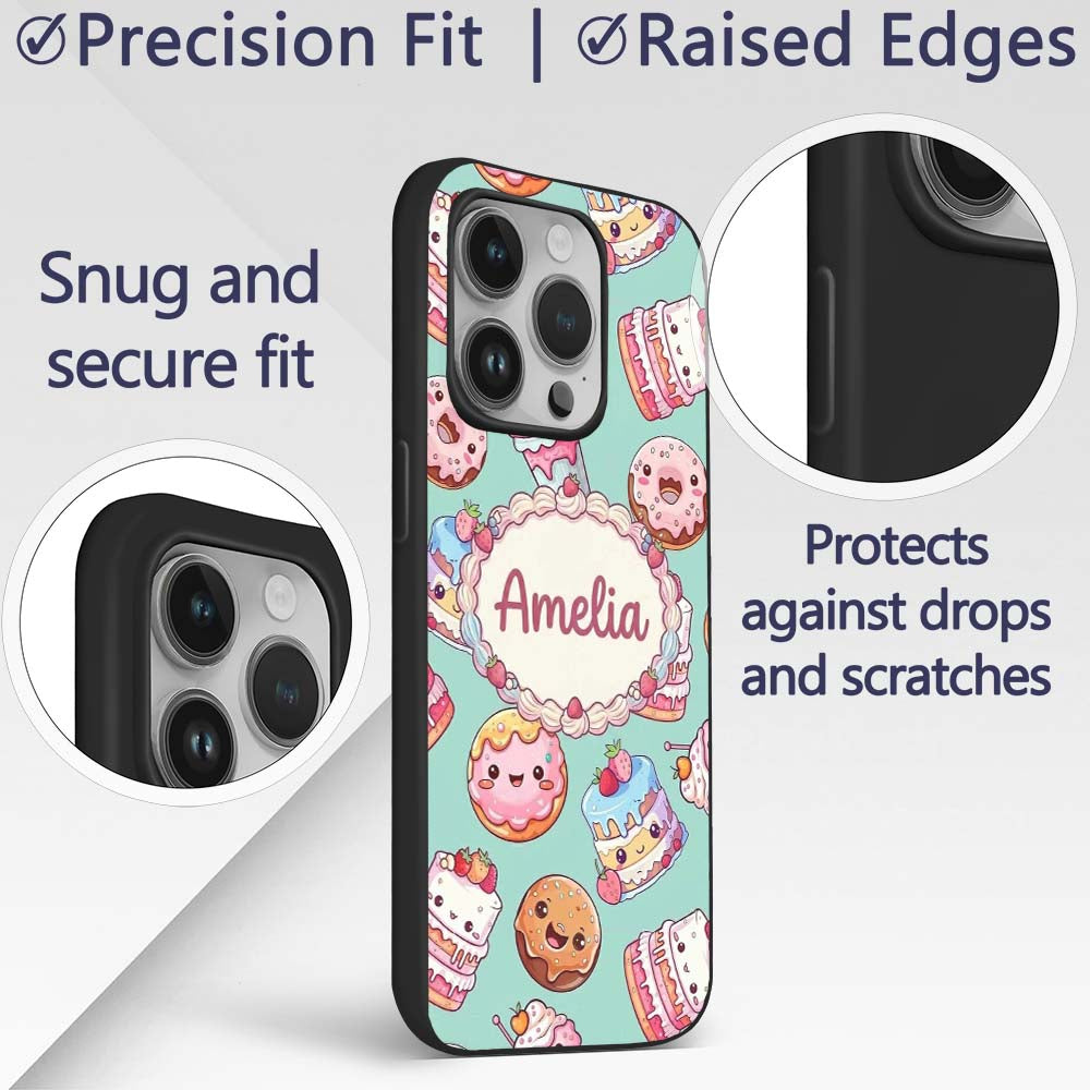 Cute Kawaii Donut Cake Cupcake Sweet Dessert Custom Name Protective Phone Case Mobile Cover Durable Everyday Smartphone Shock Resistant