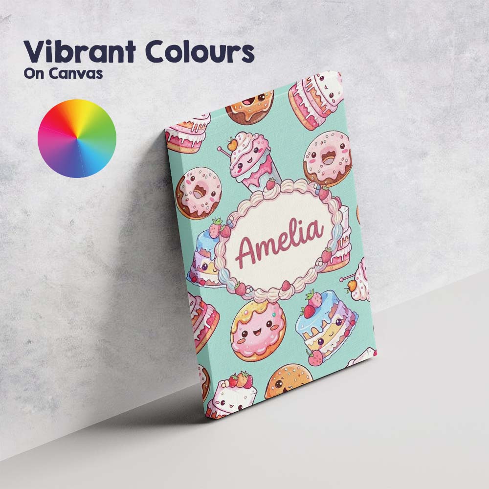 Personalised Name Cute Kawaii Donut Cake Custom Unique Gift Idea Elegant Feature Canvas Wall Art Print Decor Picture Ready to Hang