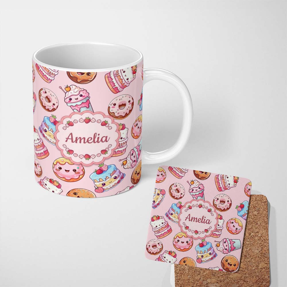 Personalized Custom Name Kawaii Donut Cake Cupcake Sweet Dessert Seamless Pattern Soft Blush 11oz Ceramic Coffee Tea Mug White Large Handle