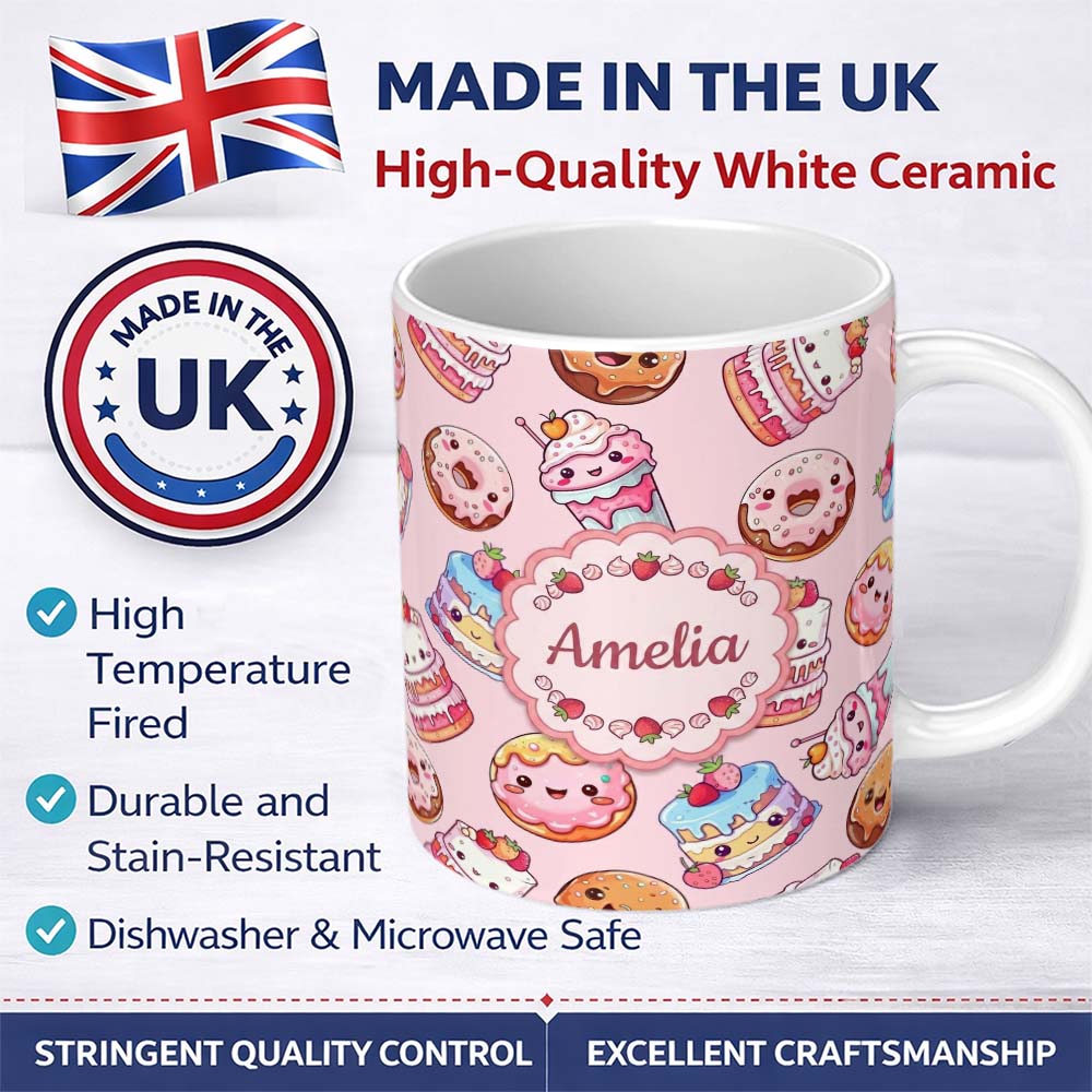 Personalized Custom Name Kawaii Donut Cake Cupcake Sweet Dessert Seamless Pattern Soft Blush 11oz Ceramic Coffee Tea Mug White Large Handle