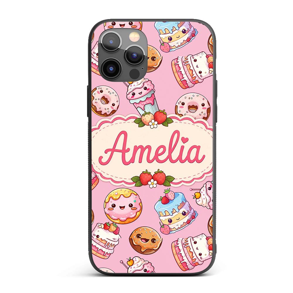 Kawaii Donut Cake Cupcake Sweet Dessert Seamless Custom Name Protective Phone Case Mobile Cover Durable Everyday Smartphone Shock Resistant
