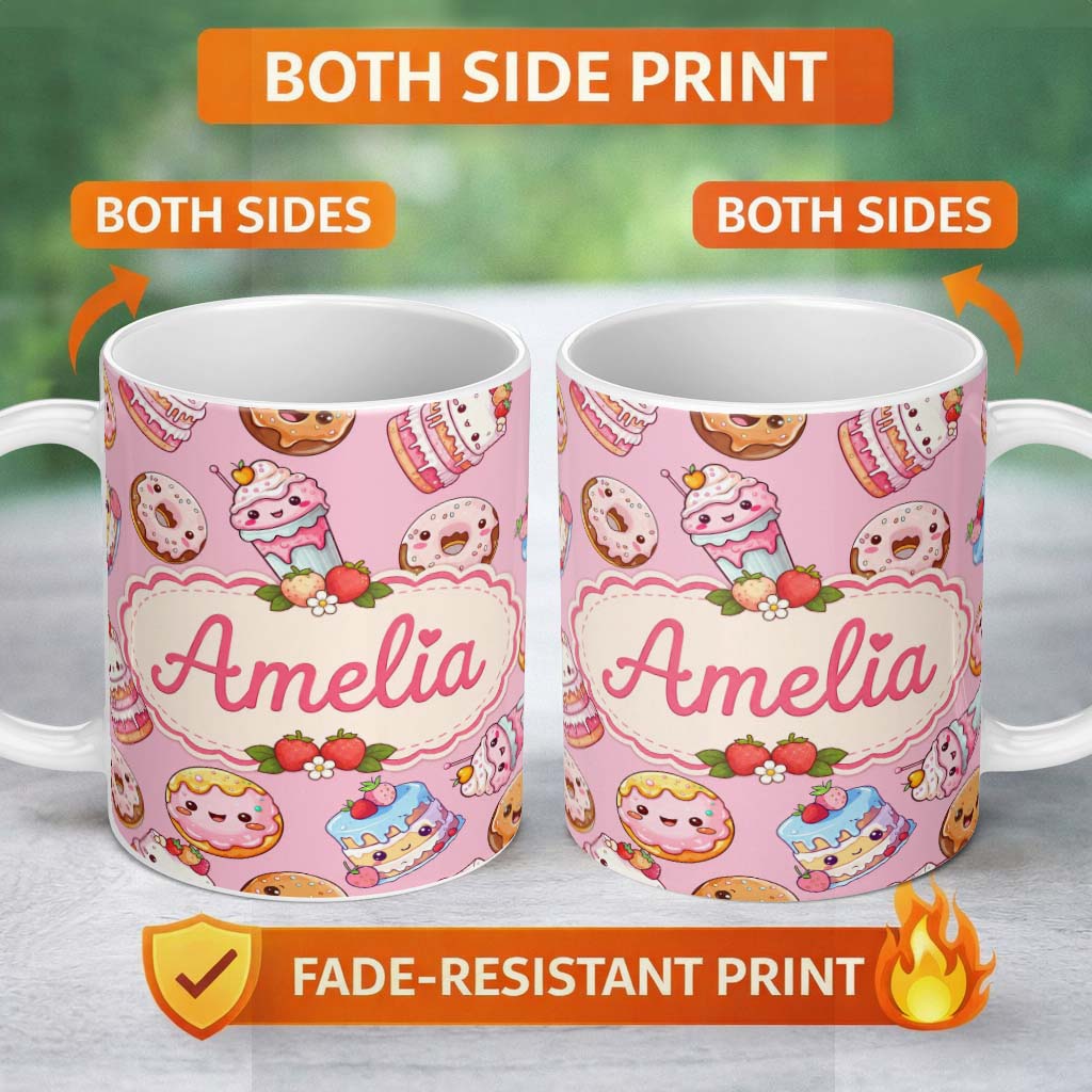 Personalized Custom Name Kawaii Donut Cake Cupcake Sweet Dessert Seamless Pattern Warm Pink 11oz Ceramic Coffee Tea Mug White Large Handle