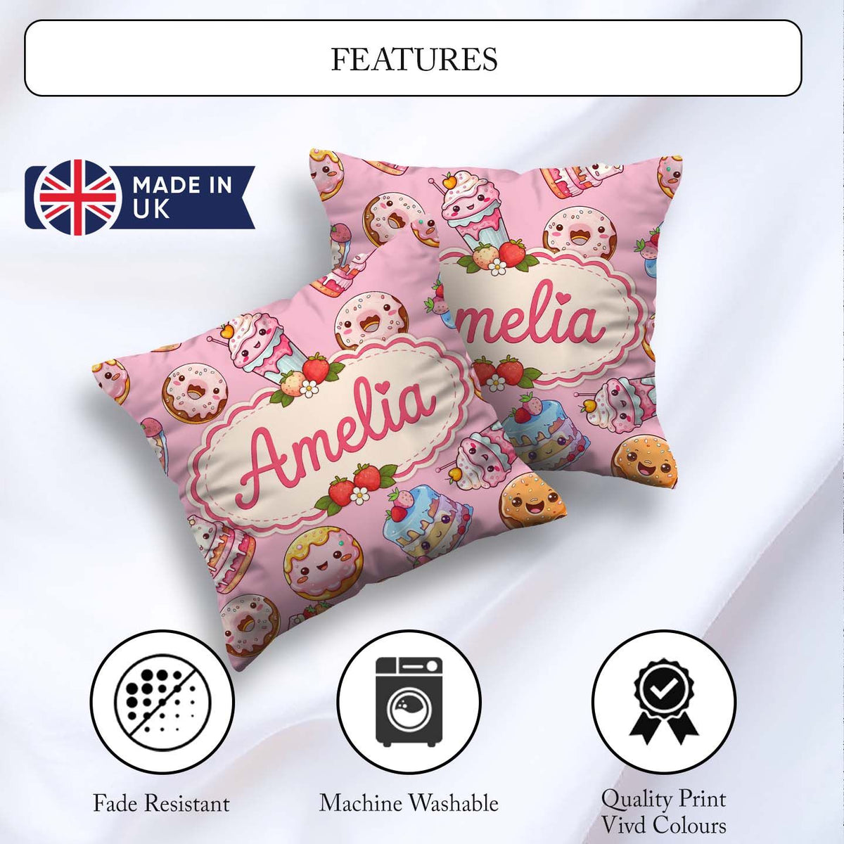 Custom Name Kawaii Donut Cake Cupcake Sweet Dessert Pattern Warm Square Filled Cushion Throw Pillow Sofa Bed Home Decor Zip Washable UK Made