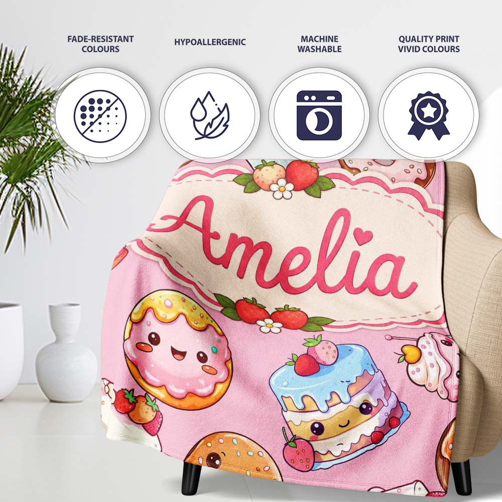 Kawaii Donut Cake Cupcake Sweet Dessert Seamless Pattern Warm Pink Personalised Custom Name Super Soft Fleece Blanket Bed Sofa Throw