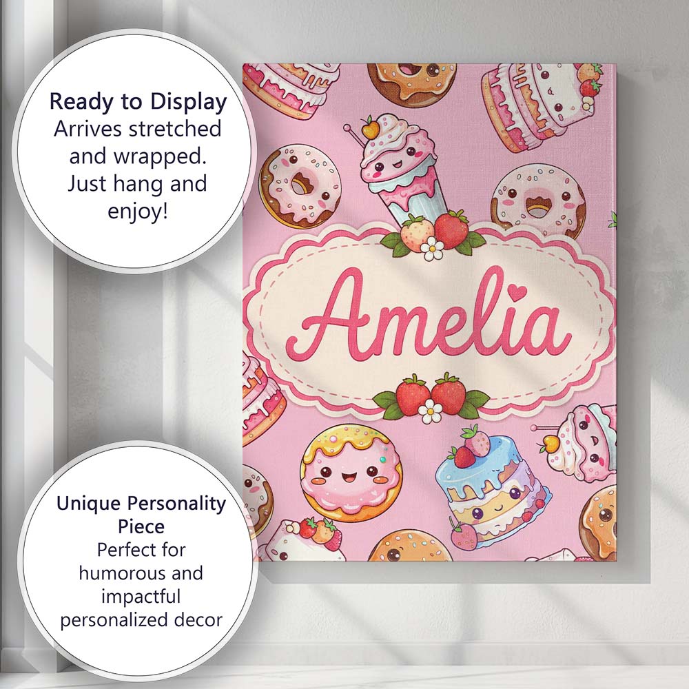 Personalised Name Kawaii Donut Cake Cupcake Custom Bespoke Interior Contemporary Canvas Wall Art Print Decor Picture Ready to Hang