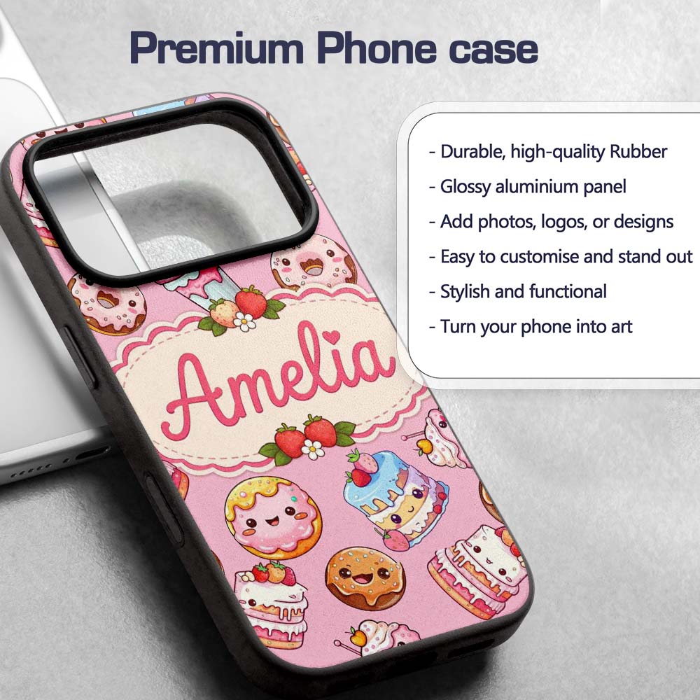 Kawaii Donut Cake Cupcake Sweet Dessert Seamless Custom Name Protective Phone Case Mobile Cover Durable Everyday Smartphone Shock Resistant