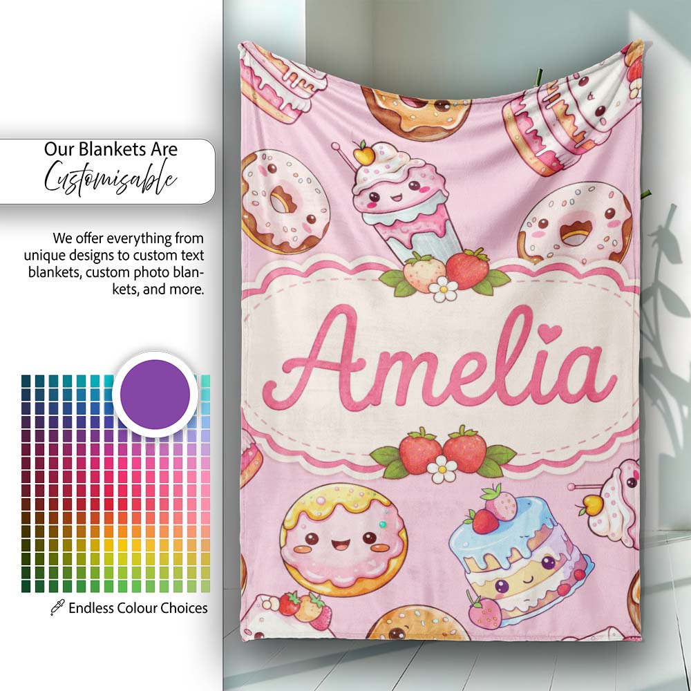 Kawaii Donut Cake Cupcake Sweet Dessert Seamless Pattern Warm Pink Personalised Custom Name Super Soft Fleece Blanket Bed Sofa Throw