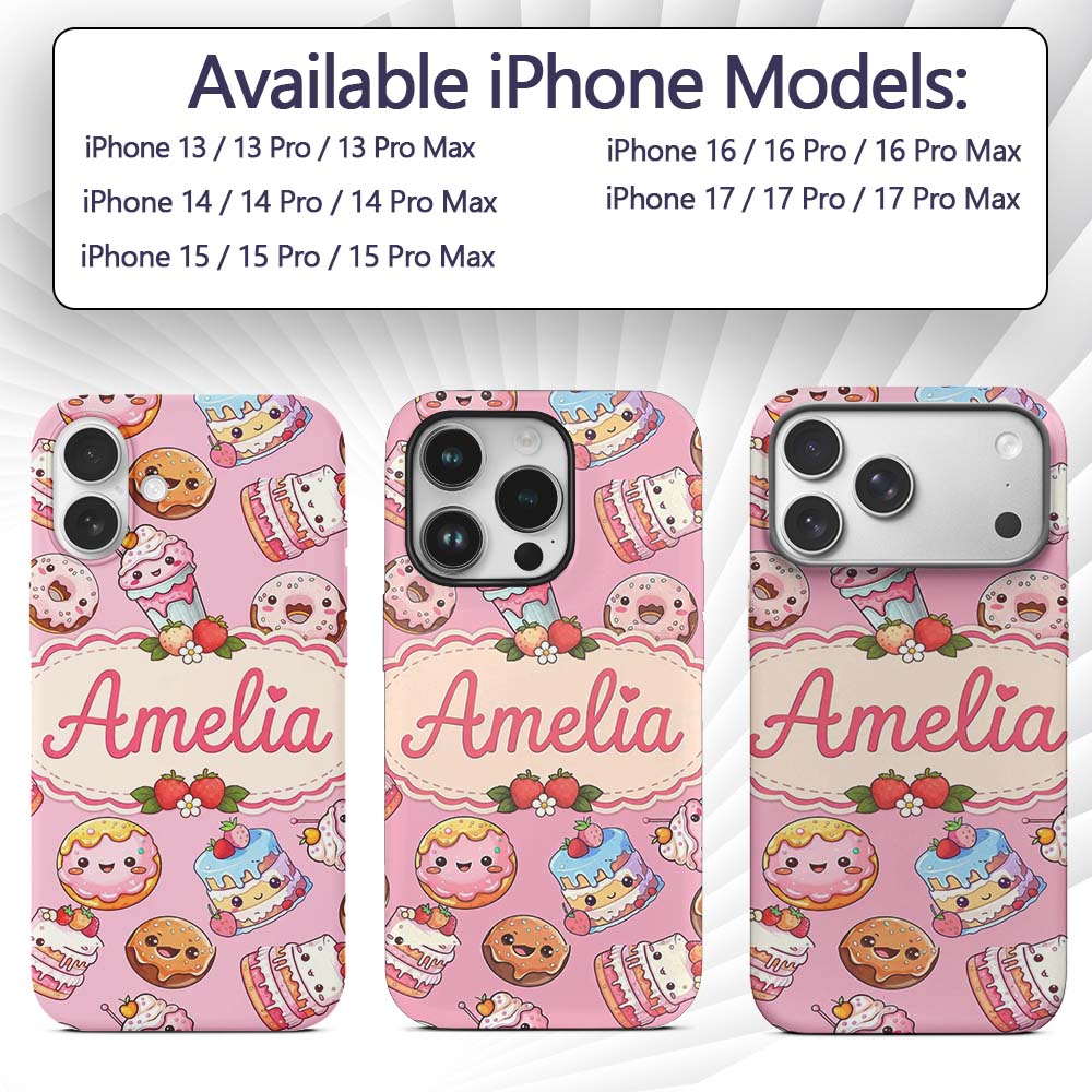 Kawaii Donut Cake Cupcake Sweet Dessert Seamless Custom Name Protective Phone Case Mobile Cover Durable Everyday Smartphone Shock Resistant