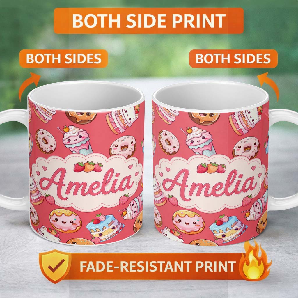 Personalized Custom Name Kawaii Donut Cake Cupcake Sweet Dessert Seamless Pattern Coral Red 11oz Ceramic Coffee Tea Mug White Large Handle