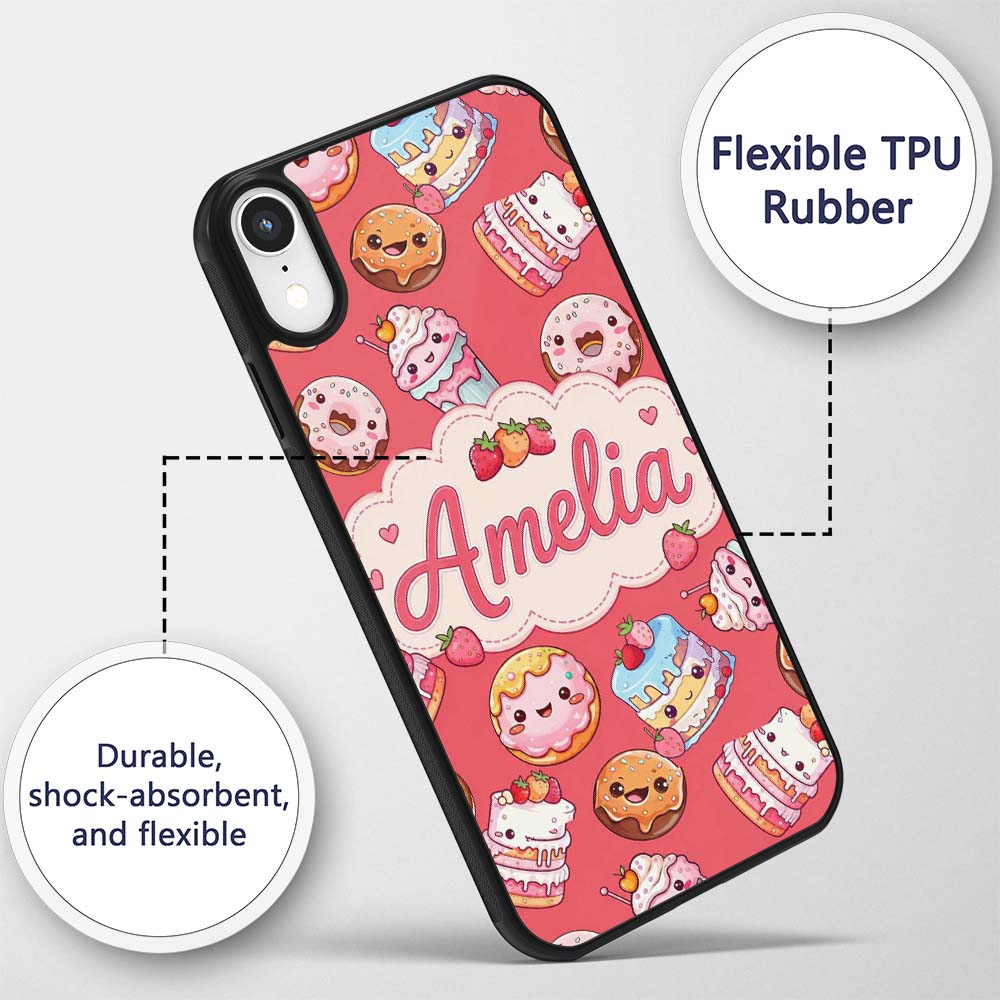 Kawaii Donut Cake Cupcake Sweet Dessert Seamless Custom Name Protective Phone Case Mobile Cover Durable Everyday Smartphone Shock Resistant