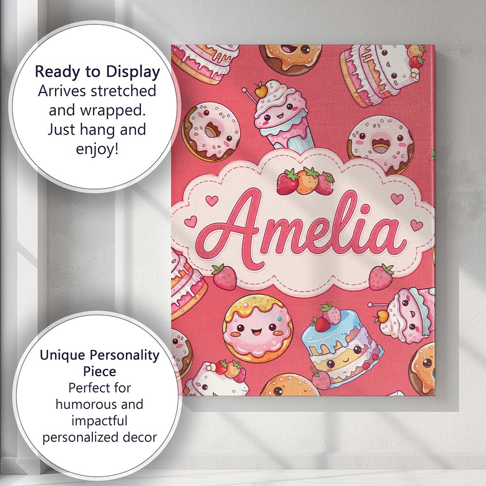 Personalised Name Kawaii Donut Cake Cupcake Custom Bespoke Interior Contemporary Canvas Wall Art Print Decor Picture Ready to Hang